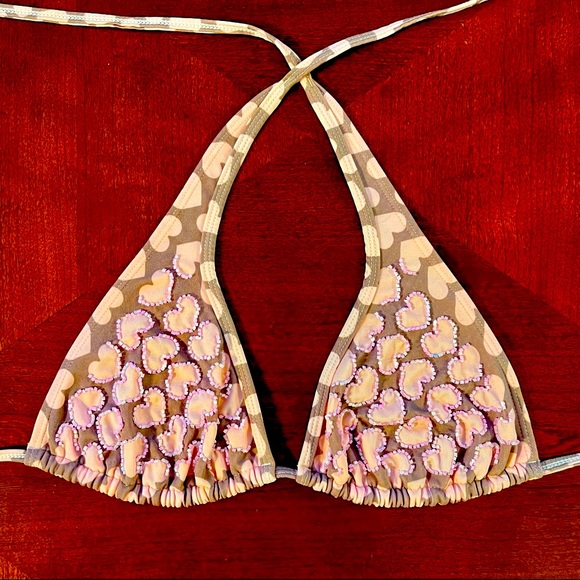 Designer Carlos Pinel Bikini Swim L Top Pink Beaded Heart - Picture 2 of 6